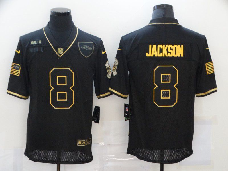 Men Baltimore Ravens #8 Jackson Black Retro Gold Lettering 2020 Nike NFL Jersey->baltimore ravens->NFL Jersey